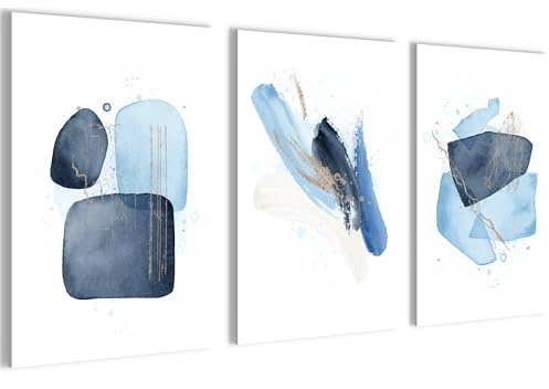 Novart Bilder Set Liebe Home Abstrakt - Kein Extra Rahmen benötigt - Wandbilder für Wohnzimmer Schlafzimmer Flur - 3 Teilig Deko Weiss Blau - N038336a
