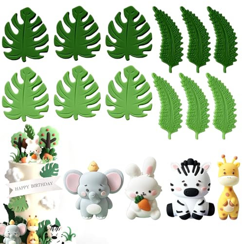 Wild One Jungle Safari Cake Decoration with 3D Animals - Giraffe, Hippo, Zebra, Squirrel and Coconut Tree for Birthday Party (16 Pieces)