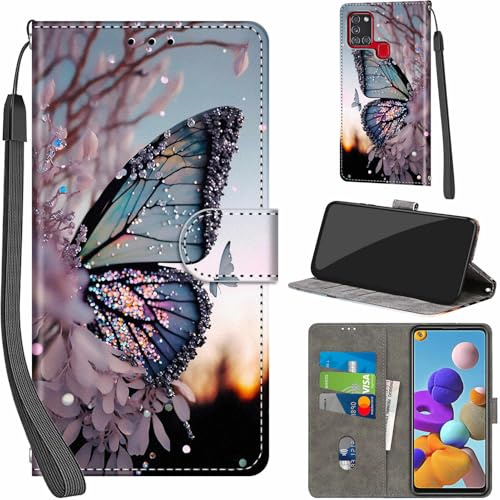 Handyhülle für Samsung Galaxy A21s Klapphülle Leder Wallet Schmetterling | 3 Kartenfächer & 1 Geldfach, Magnetverschluss, Ständerfunktion, robuste premium PU leder klapphülle für Samsung A21s