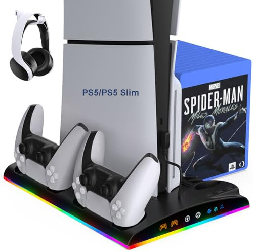 LYtech Support PS5 pour PS5/PS5 Slim, Ventilateur de Refroidissement PS5 à 3 Vitesses, Chargeur Manette PS5 avec Indicateur LED, Socle PS5 avec 3 Ports USB et 13 Emplacements de Jeu, Accessoire PS5