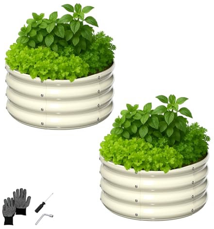 LEADZM Potager surélevé en métal 60x60x30 cm (Ensemble de 2) - Ensemble galvanisé avec Base Ouverte, Grande Surface de Plantation orbiculaire Carre Potager - pour légumes, Herbes - Blanc cassé