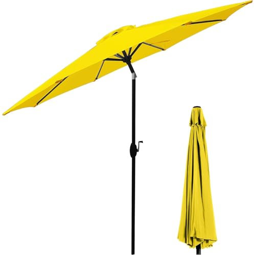 XOBRJQZ 270cm Groß Outdoor-Sonnenschirm mit Druckknopf Kippbar und Kurbel, 8 Rippen, Stabiler Metallrahmen, UV-Schutz, Wasserdicht, Sonnenbeständig, Lichtbeständiges Polyesterdach, Gelb