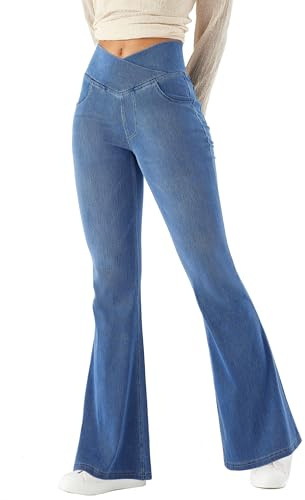 LaiEr Women Bootcut Jeans V Crossover High Waist Pull on Tummy Control Casual Fitness Skinny Yoga Pants,Denim Highly Elasticity Soft Fabric,Flared Fitness Trousers with Side Pockets(Medium BlueM)