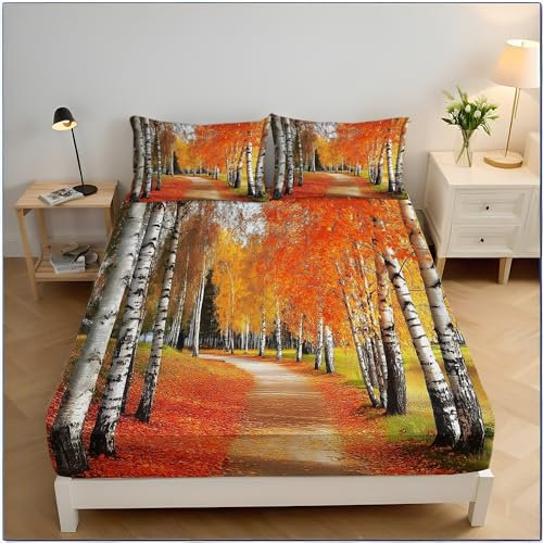 Spannbettlaken mit Kissenbezug – Hohe Birken – gebürstete Mikrofaser Spannbetttuch Doppelbett – 30cm Tiefe Tasche -140x200cm+30-ultraweich, schrumpffrei Rostorange