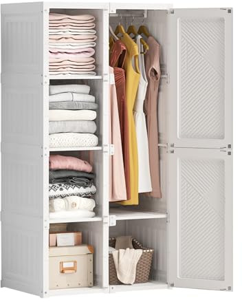 BestAlice Faltbarer Kleiderschrank,mit 6 Türen,zum Aufhängen,multifunktionsschrank,einfache Montage,mit Stange, magnetische Tür, für Wohnzimmer Schlafzimmer, 69x50x136cm, weiß (6 Türen mit 1 Stange-B)