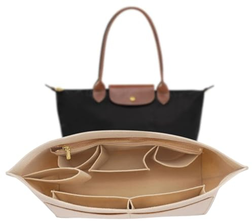 Handtaschen Organizer, Organizer für Longchamp, Taschen Organizer, Filz Beutel Aufbewahrungsbeutel Liner, 28 X 15 X 10cm Innentasche für Handtaschen, Beige Taschenorganizer für Longchamp Tasche (M)
