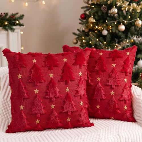 Miaikoe Weihnachtskissenbezüge 45x45 cm 2er Set Rot Weihnachtsbaum Stern Kissenbezüge weiche Plüsch Fälschungsfell für Feiertage Winter Zuhause Coach Sofa Dekoration