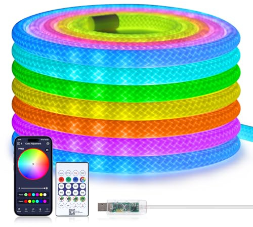 HEGEHE 5V USB Bluetooth RGB Neon LED Streifen, 5M 360° illumination WS2812B Adressierbare Wasserdicht Diffusion Neon Flex LED Schlauch, Smart Phone Gesteuert, Mehreren Szenenmodi, Musiksync