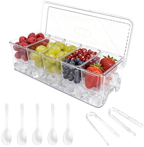 Ice Chilled Condiment Caddy with 5 Containers,Removable Fruit Tray for Bar