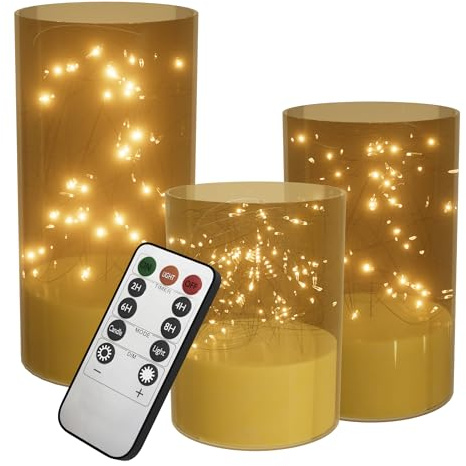 FIVMEN 3 Stück LED Kerzen mit Lichterkette Stumpenkerze Weihnachtskerzen mit Timerfunktion und Fernbedienung Flammenlose Batteriebetriebene Wachskerzen weihnachtsdeko Flackernde Warmweiß, Gold