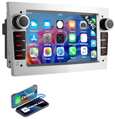 ESSGOO 4+64G Wireless Autoradio Android 15 mit Carplay und Android Auto Für Opel Astra H Corsa C/D Vectra C Zafira 7 Zoll IPS Touchscreen Bluetooth FM RDS GPS Silber Mikrofon