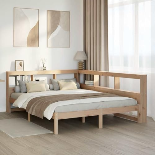 QJBSAVVA Massivholzbett Kiefer mit integriertem Bücherregal 208,5 x 153,5 x 80 cm Robustes Futonbett ohne Matratze Platzsparendes Jugendbett für Schlafzimmer und Gästezimmer