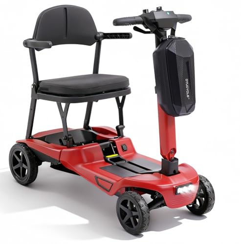 MediHoist Ultra Lightweight Foldable Electric Mobility Scooter for Adults & Seniors 24 Miles Range, 37.5 lbs Aluminum Frame, Airline Approved, Portable Red Scooter YL-985S