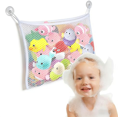 Bath Toy Storage Net Bag – 1 Pc Bath Toy Organizer with Strong Suction Cups – Multi-Use Bathroom Toy Tidy for Kids and Toddlers – Bathtub Storage Holder for Toys and Supplies (White)