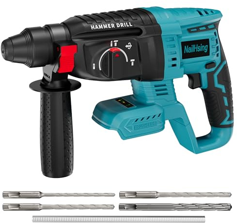 NailHsing 18V MAX Brushless Cordless Rotary Hammer Drill, 4 Modes, Adjustable Handle, with 4.0Ah Battery, 4 Drill Bits for Concrete/Brick/Wall/Metal(Tool Only)