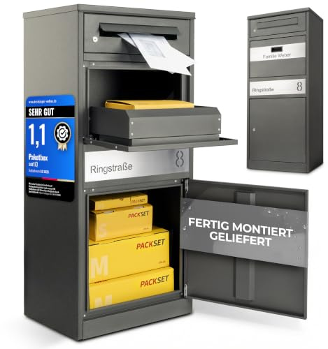 SortiQ Paketbox|XXL Paketfach|1 Briefkästen|Starkregentest|fertig montiert | Freistehend, Außen, Sicherheitsschloss, 3 Schlüssel, Entnahmebarriere, Diebstahlschutz, pulverbeschichtet, 112×50×37 cm