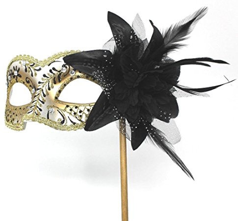 LADIES SPARKLING BLACK AND GOLD VENETIAN MASQUERADE CARNIVAL PARTY EYE HAND HELD MASK ON A STICK WITH DIAMONTES & FLOWER