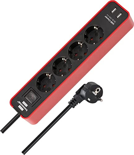 Brennenstuhl Ecolor Steckdosenleiste 4-Fach mit USB-Ladebuchse (Mehrfachsteckdose mit 2X USB Charger, Schalter und 1,5m Kabel) rot/schwarz