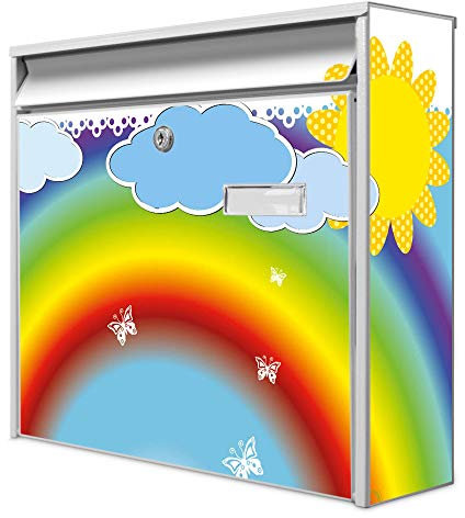 banjado® Burg-Wächter® Briefkasten mit Motiv Regenbogen/Briefkasten ohne Zeitungsfach 32x36x10 cm groß/Briefkasten mit Namensschild A4 Einwurf inkl. Montagematerial & 2 Schlüsseln