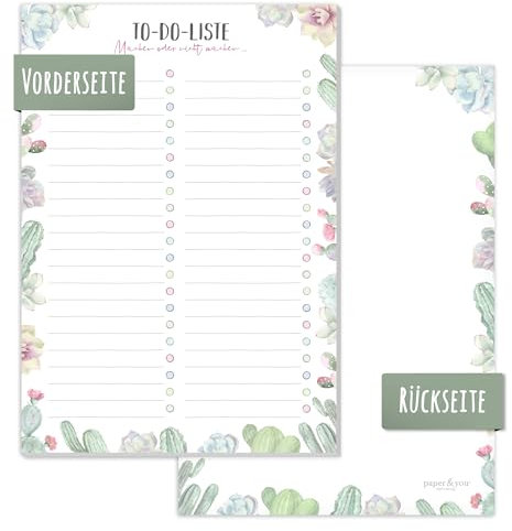 paper&you® A5 To-do Listen Block Kakteen 50 Blatt inkl. Notizblock auf der Rückseite - nachhaltig & klimafreundlich