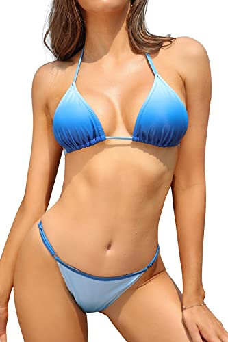 SHEKINI Maillots de Bain 2 Pièces pour Femme Bikini Rembourré Classique Réglable Halter Triangle Top de Bikini de Plage avec Taille Basse Brésilien String Bas de Bikini (Bleu Royal JB,L)
