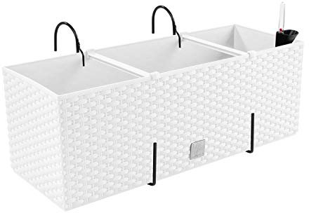 PAFEN Fioriera effetto rattan, con supporti, 4 colori, indicatore del livello dell'acqua, per balcone, colore: bianco