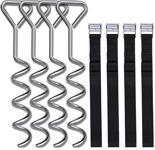 Uekars Trampoline Stakes, Corkscrew Shape Trampoline Anchor kit Steel Spiral Stakes,Heavy Duty Trampoline Parts Tie Down Kit Ground Wind Stake with Belt Straps for Trampolines Tents Swing.- Set of 4