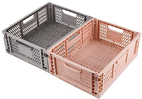 Spesh 2 Pcs Collapsible Crates Storage Boxes Stackable Storage Baskets Plastic Folding Crate Boxes with Handles for Kitchen,Living Room,Office(40 * 30 * 15cm,Pink+Grey)