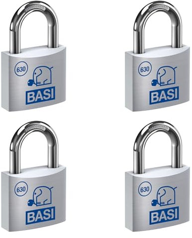 BASI | Vorhangschloss 4er Set | 50 mm | gleichschließend | massives Aluminium-Gehäuse | gehärteter Stahlbügel | sicheres Vorhängeschloss gleichsperrend | Bügelstärke 9 mm | 4 Stück