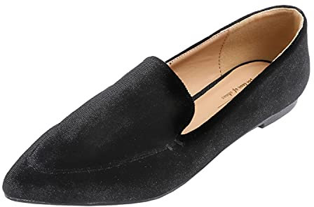 Feversole Women's Loafer Flat Pointed Fashion Slip On Comfort Driving Office Shoes Velvet Black Size UK 6.5