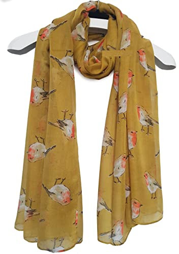 GFM® - Damenschal mit Rotkehlchen- und Libellen-Aufdruck für Frühling, Sommer und Weihnachten (.RN-09-MTD-Mustard)