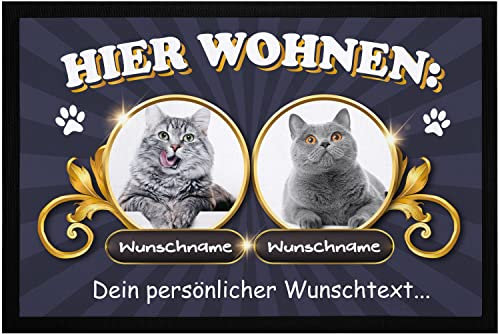 SpecialMe® Fußmatte Katzen personalisiert (1-3) mit Namen und eigenem Foto Text Wunschtext Geschenk für Katzenbesitzer 2 Katzen schwarz 60x40cm