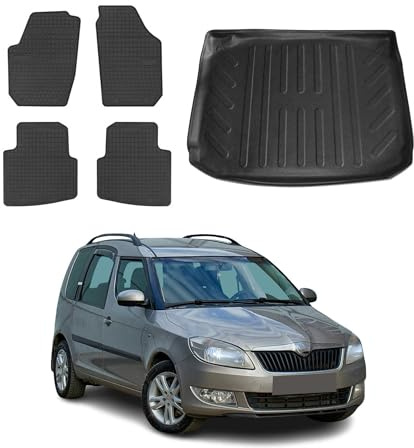 OMAC Fußmatten & Kofferraumwanne Set kompatibel mit Skoda Roomster 2006-2015 Gummi Schwarz 5X