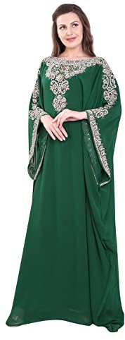 ANIIQ Vestido caftán bordado para mujer, de georgette sintético, para fiesta de noche, con bufanda, talla única, Verde botella, S
