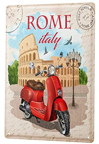 Blechschild Retro - Vintage Metall-Poster für das Wohnzimmer - Rom Italien Motorroller Motiv - 30 x 40 cm