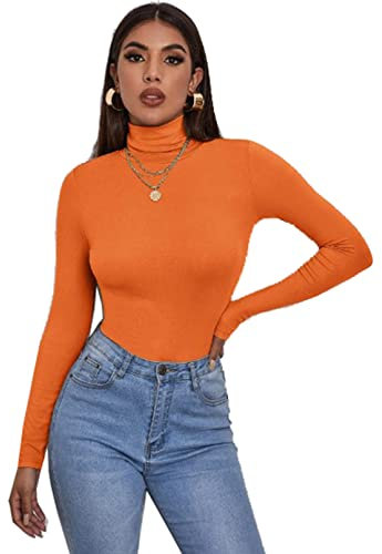 Zaif & Hari® Women's Polo Roll Neck Long Sleeve Turtle Neck Jumper - Ladies Plain Mockneck Casual Top (Orange, 8-10)
