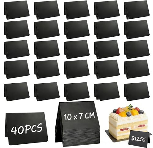 MIVIDE 40pcs Mini Tableau Noir Table, Mini Panneau d'Affichage Réutilisable, Petit Tableau Noir en Plastique pour Buffet, Mariage, Restaurant, Étiquette de Prix (10 x 7cm)