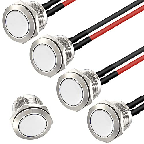 RUNCCI-YUN 4PCS 12V/24V/125V/250V 2A Interruptor de Botón de Enganche Autoblocante Pulsador a Prueba de Agua Botón de Acero Inoxidable Encendido Apagado 16mm (Cabeza Plana Pre Cableado de Botón)