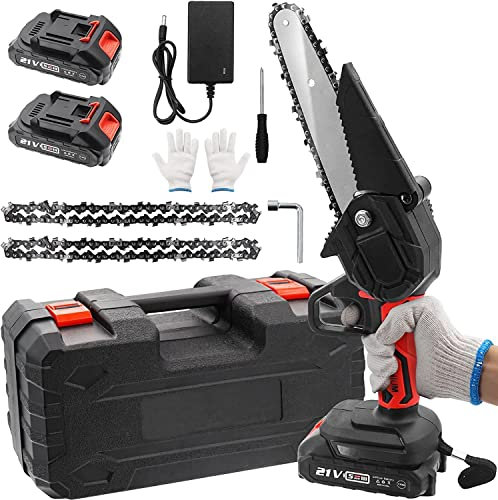 Mini Chainsaw, 6 Inch Mini Chainsaw Cordless with 2 Battery and 3 Chains, HITRENDS Electric Chainsaw Set, One-Handed Portable Chainsaws for Cutting Garden Wood Courtyard Branch Tree, Red