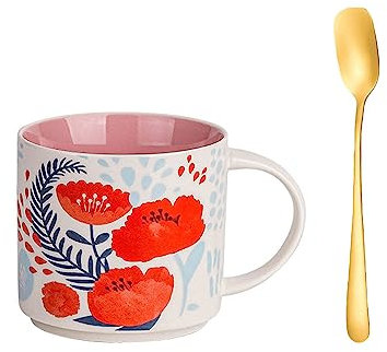 Xfeyaqlo Tasse Fleur 420ml, Fleurie Tasse de Petit Déjeuner, Tasse à Café Céramique, Tasse avec Cuillère, Convient à un Usage Quotidien à La Maison (Rose)