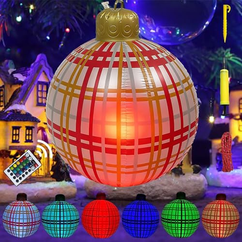 Aufblasbare Weihnachtskugeln 60CM, Beleuchtete Weihnachtskugel Outdoor Weihnachtskugeln Groß mit Groß LED-Licht Fernbedienung Bodennagel und Luftpumpe für Garten Innenhof Außendekoration, Stripe