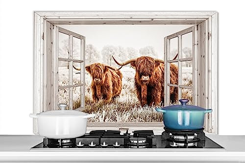 KitchenYeah© Spritzschutz Küchenrückwand Platte Kuchendeko Aluminium Platte Kitchen Wall Protector Rückwand KücheDurchsichtige - Schottisches Hochlandrind - Kuh - Tiere - Braun - 100x65 cm