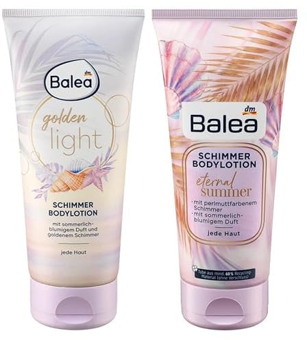 Balea 2er-Set Schimmerlotion: GOLDEN LIGHT Bodylotion mit goldenem Glow, sommerlich-blumigem Duft Orangenextrakt Sheabutter (200 ml) + ETERNAL SUMMER Körperlotion Perlmutt Schimmer (200 ml), 400 ml