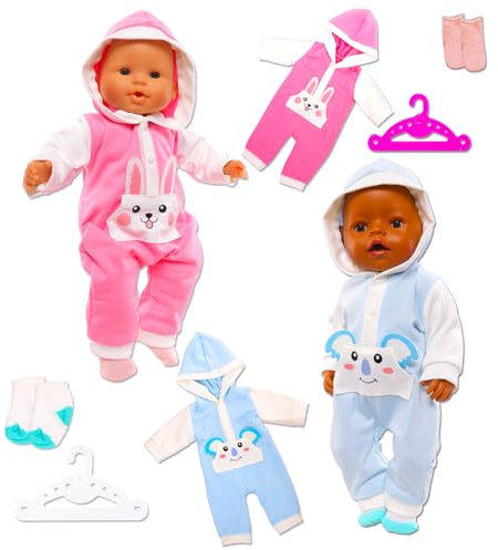 Miunana 2 Pack Kleidung Outfits Overall für Baby Puppen, Puppenkleidung 35-43 cm mit Kleiderbügel Socken (Blau & Pink)