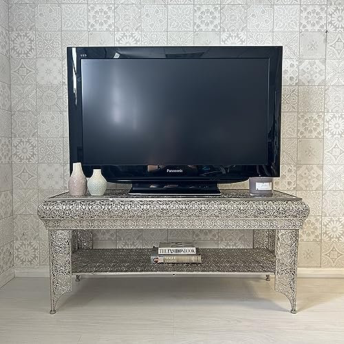 DOWNTON INTERIORS Antique Silver Moroccan Style Embossed TV Unit Television Stand (GZ418) Part of the AGADIR Collection