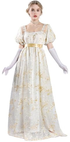 FCCAM Goldene Regency Kleider für Frauen 1800er Vintage Kleid Viktorianisches Ballkleid mit Handschuhen L