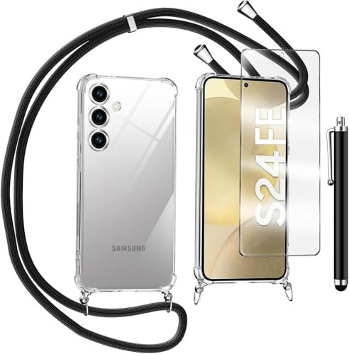 TTSWJBD Coque pour Samsung Galaxy S24 avec Verre Trempé Protection écran Cordon de Collier Réglable Chaîne Antichoc Transparente Silicone Lanyard Case, Housse Étui de Protection - Noir