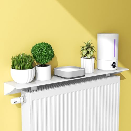 UVCMDUI Schwebendes Heizkörperregal, Breite 20cm Heizungsregal aus Aluminiumlegierung Weiße, Universelle Heizung Regal Ohne Bohren mit 8 cm Halterung, Länge Kann Individuell Angepasst Werden,110cm