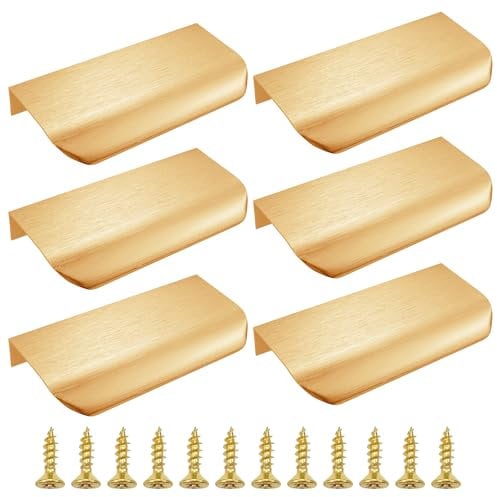 Auswalar 6 PCS Gold Kitchen Cupboard Handles,Finger Edge Pulls for Cabinets and Drawers, 80mm Gold Wardrobe Door Handles Modern Aluminum Bathroom Cabinet Handles, Brushed Brass