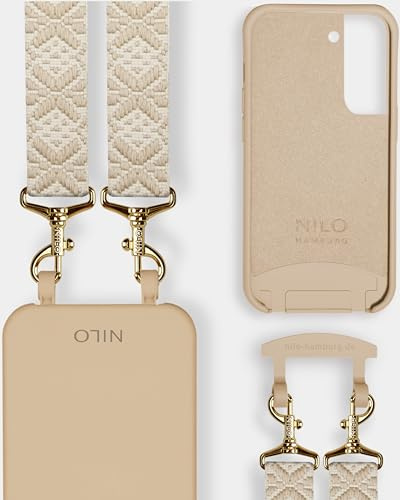 NILO® Set | Handyhülle mit Band, Handyband Beige Mattatang mit nudefarbener Handyhülle für Samsung S22 | hochwertige Handykette, verstellbar, mit Karabiner Gold